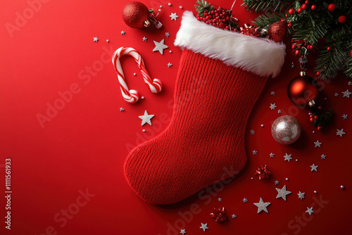 Christmas stocking with red and white decorations hanging on fireplace mantle with glowing string lights.