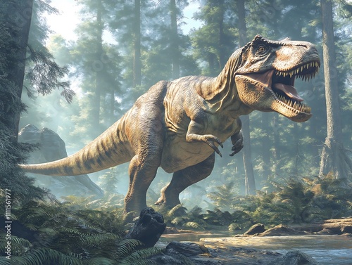 Majestic Tyrannosaurus Rex in a Misty Prehistoric Forest photo