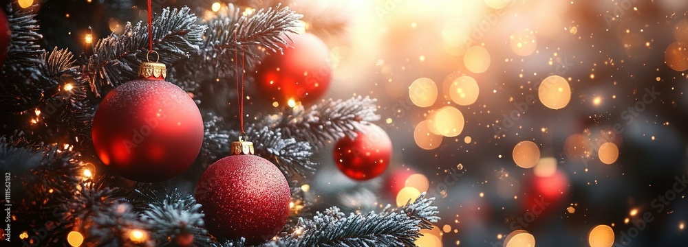 Christmas tree decorated with red ornaments and lights in winter snow scene Christmas tree decorated with red ornaments and lights in winter snow scene