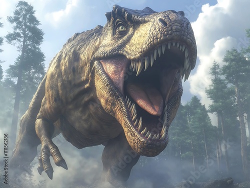 Tyrannosaurus Rex in Misty Prehistoric Forest: Apex Predator Roars
