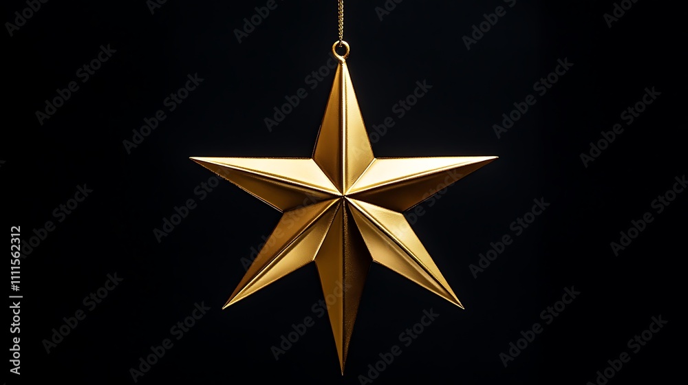 Obraz premium A polished matte gold star ornament, symmetrical and refined, suspended mid-frame on a solid black background, dramatic contrast lighting emphasizing its sharp edges, hd quality,