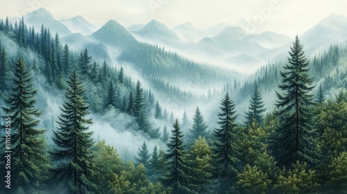 Misty mountain range with lush evergreen forests. Ideal for nature, travel, and serenity themes.