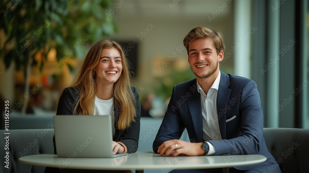 Two Grinning Coworkers Collaborating on a New Project. Two Grinning Coworkers Collaborating on a New Project.