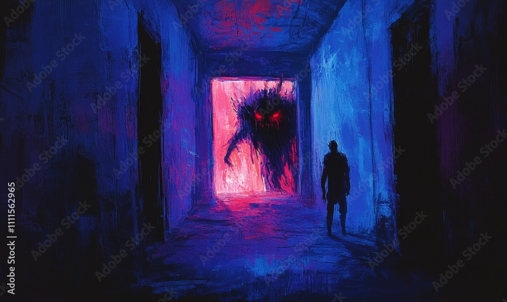 Dark hallway, figure faces monstrous doorway. Dark hallway, figure faces monstrous doorway.