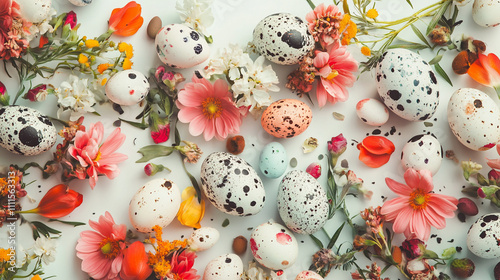 Vibrant arrangement of speckled eggs and assorted flowers for a seasonal celebration