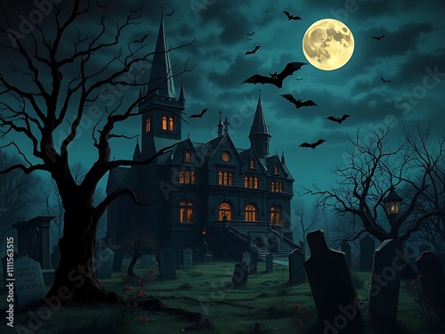 Haunted Mansion on Halloween Night: Digital Painting of a Spooky Graveyard Scene AI Generated photo