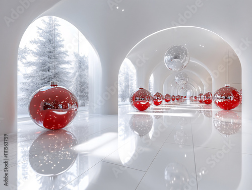 a modern, futuristic interior space with large, reflective spheres on a glossy floor, and abstract, flowing white walls with circular cutouts. The space is illuminated by natural light streaming in fr photo