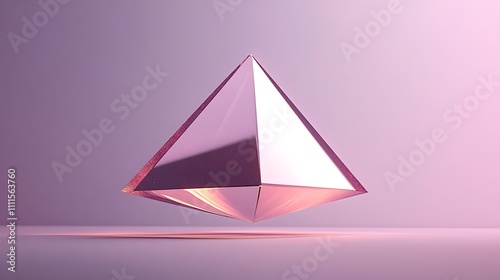 A sharp-edged geometric ornament in reflective rose gold, suspended mid-air against a muted lavender background, glowing softly with dramatic lighting for a bold minimalist look, hd quality.