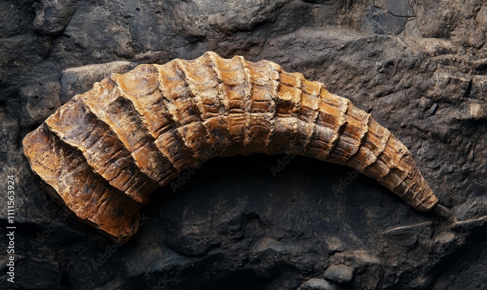 Fossil horn rests on dark, textured rock. Fossil horn rests on dark, textured rock.