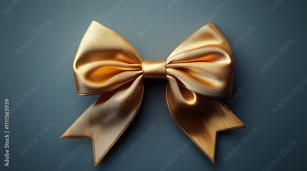 A shimmering gold ribbon bow, tied with precision, placed on a muted gray background, gentle lighting creating soft highlights and subtle shadows, hd quality, minimalist aesthetic. --ar 16:9