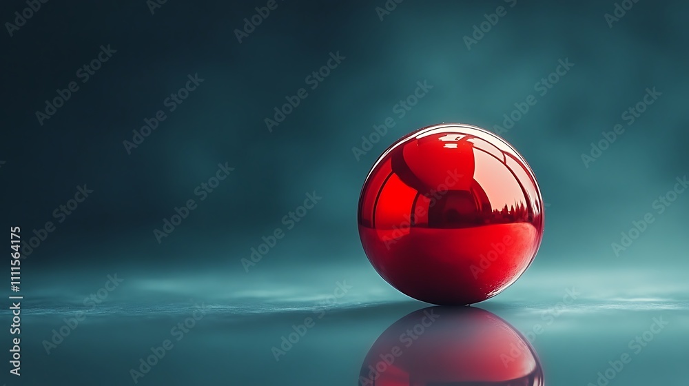 Fototapeta premium A shiny red ornament ball, perfectly reflective, placed mid-frame on a muted navy background, glowing softly under ambient light for a minimalist yet vibrant look, hd quality. --ar 16:9