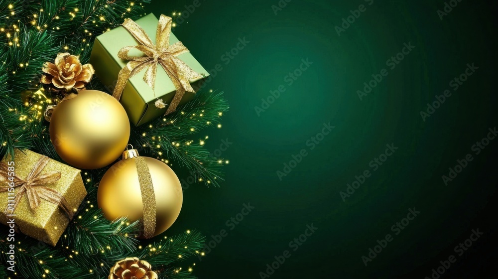 Naklejka premium Elegant Golden Christmas Tree Ornaments with Gifts on Deep Green Background