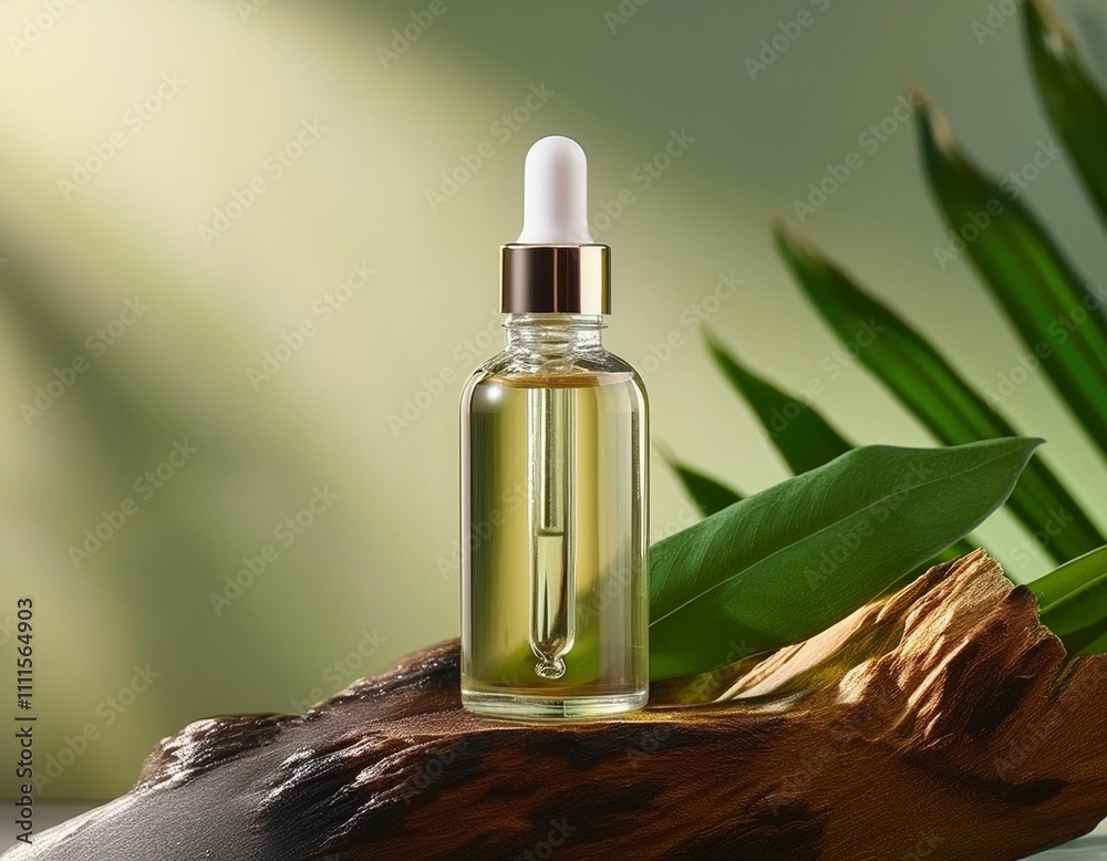 Naklejka premium Textured background with essential oil bottle and leaves, for a sophisticated and artistic feel