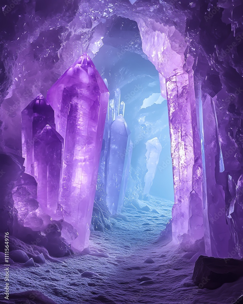A mystical cave with giant purple crystal formations and a path leading to a glowing blue exit. A mystical cave with giant purple crystal formations and a path leading to a glowing blue exit.