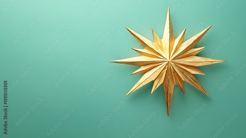 A sleek brass starburst ornament, radiant metallic luster, centered on a solid pastel mint green background, illuminated with soft gradient lighting for a minimalist, modern vibe, hd quality. A sleek brass starburst ornament, radiant metallic luster, centered on a solid pastel mint green background, illuminated with soft gradient lighting for a minimalist, modern vibe, hd quality.