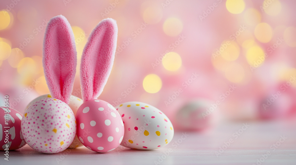 Festive pastel Easter eggs with bunny ears on a soft blurred background Festive pastel Easter eggs with bunny ears on a soft blurred background