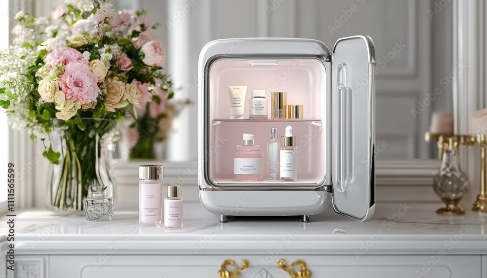 cosmetic fridge with beauty products on luxury vanity