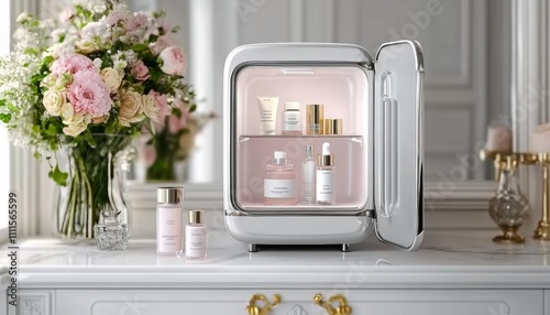 Obraz na płótnie cosmetic fridge with beauty products on luxury vanity w salonie
