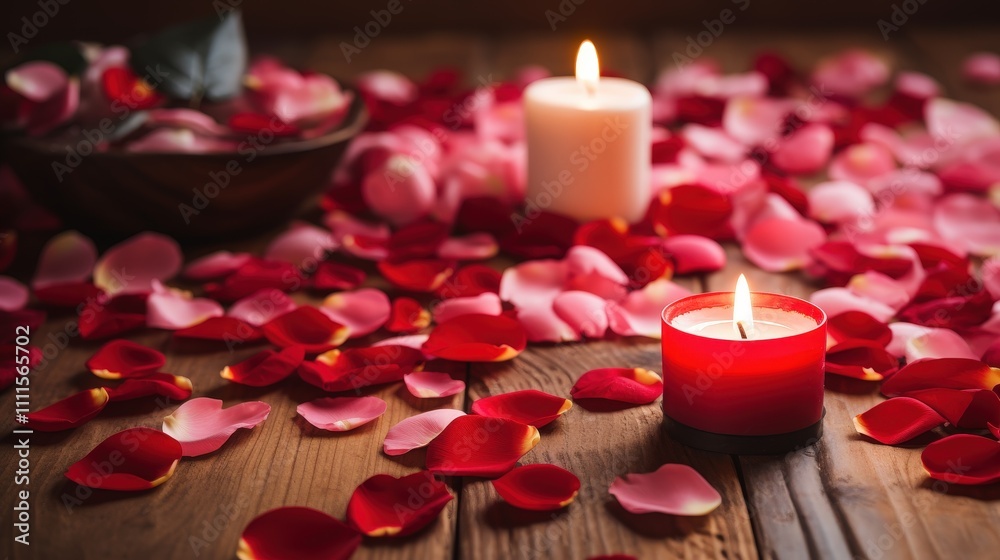 Romantic Candlelit Setting with Rose Petals on Wooden Surface Perfect for Valentine’s Day or Celebratory Events with Soft Lighting and Elegance Romantic Candlelit Setting with Rose Petals on Wooden Surface Perfect for Valentine’s Day or Celebratory Events with Soft Lighting and Elegance