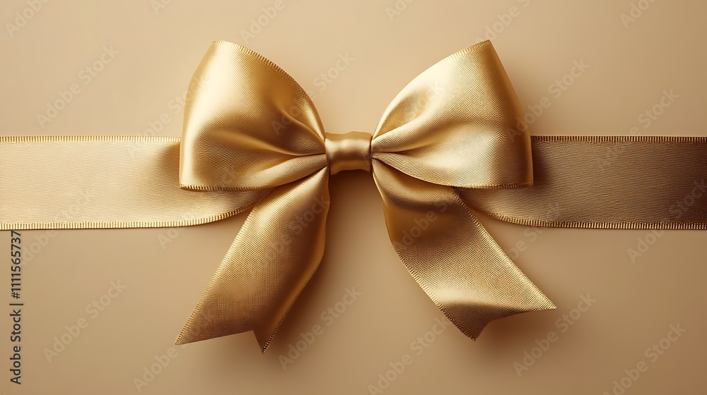 A sleek gold ribbon tied into a flawless bow, glossy and reflective, placed on a soft beige background, glowing under natural ambient light, modern minimalism, hd quality. --ar 16:9 A sleek gold ribbon tied into a flawless bow, glossy and reflective, placed on a soft beige background, glowing under natural ambient light, modern minimalism, hd quality. --ar 16:9