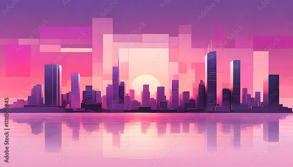 A minimalist cityscape at dusk, with only rectangles and squares representing buildings, a single glowing window, and a gradient sky transitioning from pink to purple.
A minimalist cityscape at dusk, with only rectangles and squares representing buildings, a single glowing window, and a gradient sky transitioning from pink to purple.