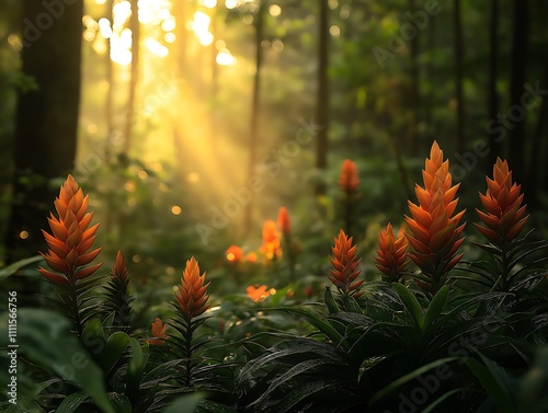 Sunlit Tropical Rainforest with Vibrant Orange Bromeliads photo