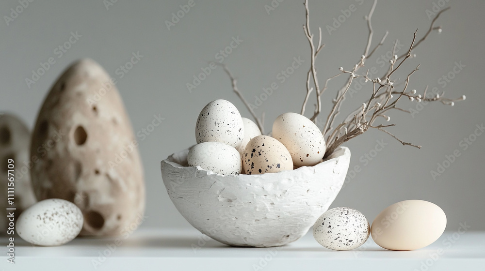Delicate arrangement of speckled eggs in a ceramic bowl on a minimalist background