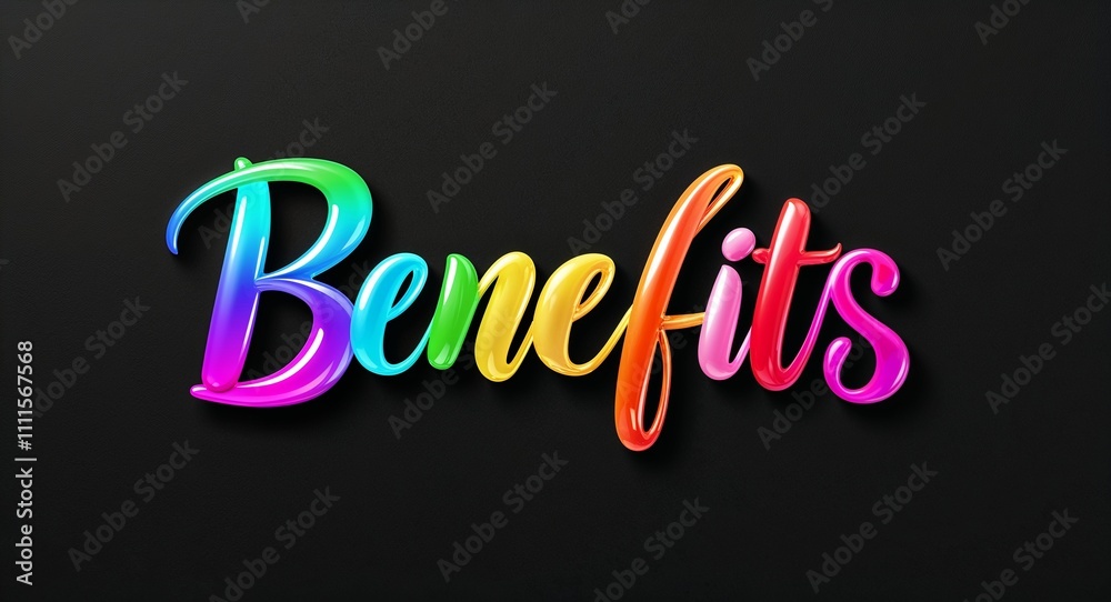 benefits colorful calligraphic shining shiny smooth lettering on plain black background benefits colorful calligraphic shining shiny smooth lettering on plain black background