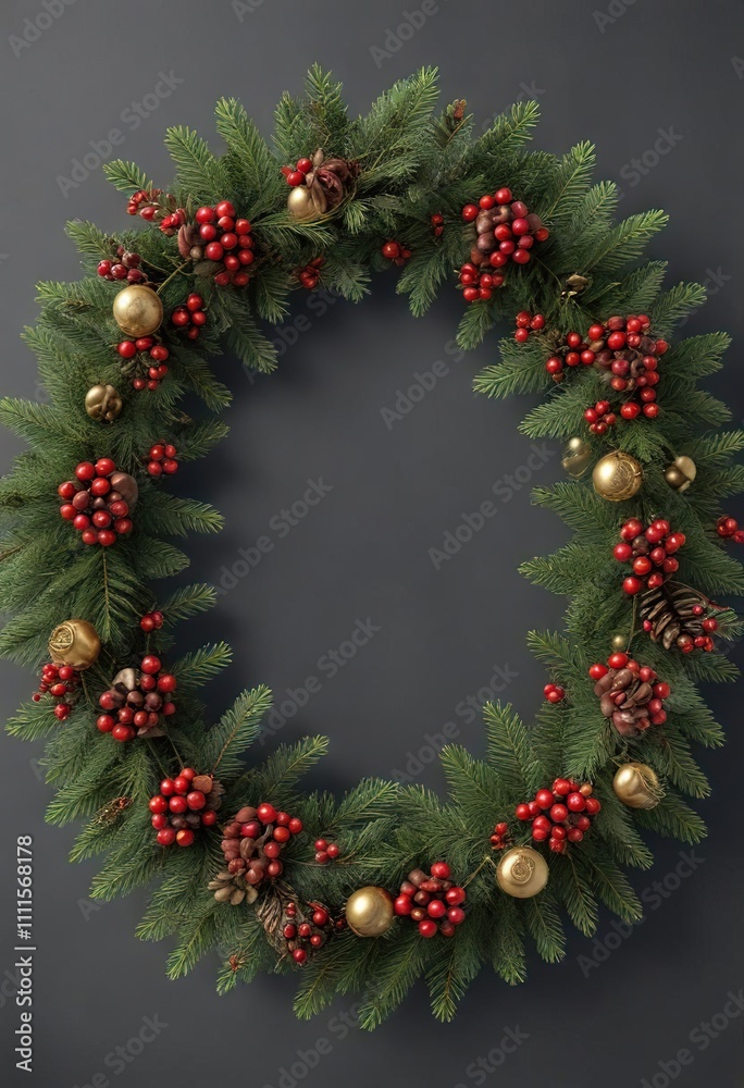 Dark green fir branch wreath adorned with red berries and gold ornaments, gold ornaments, fir branches, red berries Dark green fir branch wreath adorned with red berries and gold ornaments, gold ornaments, fir branches, red berries