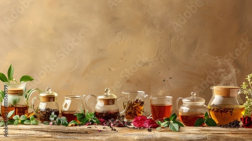 A variety of tea in various glasses and teapots, with green leaves scattered around on an old wooden table.