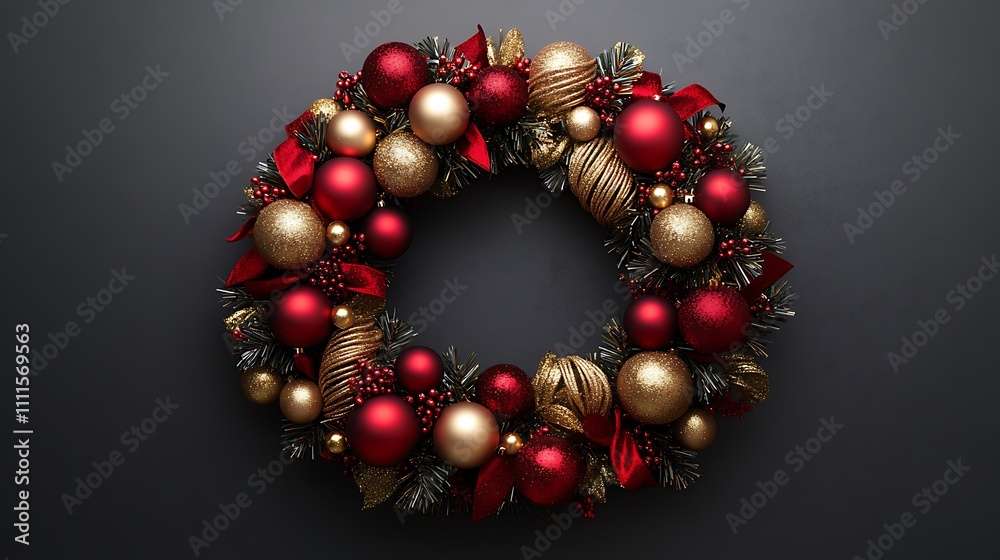 A bold red and gold wreath decorated with shiny baubles, glittery spirals of gold ribbon, and intricate tinsel accents, positioned against a neutral gray background. A bold red and gold wreath decorated with shiny baubles, glittery spirals of gold ribbon, and intricate tinsel accents, positioned against a neutral gray background.