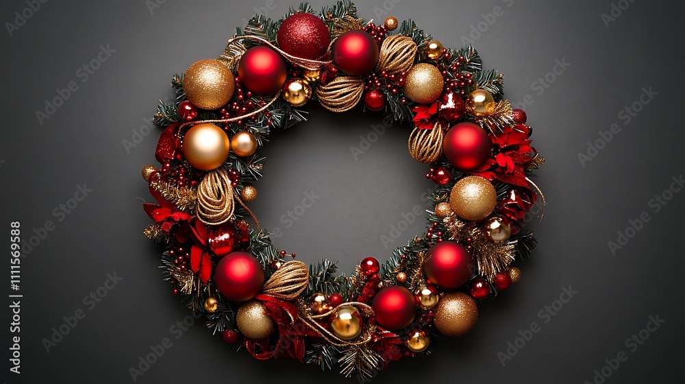 A bold red and gold wreath decorated with shiny baubles, glittery spirals of gold ribbon, and intricate tinsel accents, positioned against a neutral gray background. A bold red and gold wreath decorated with shiny baubles, glittery spirals of gold ribbon, and intricate tinsel accents, positioned against a neutral gray background.