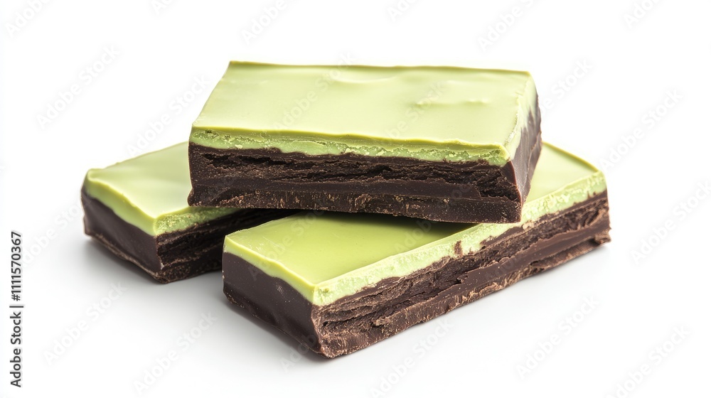 Three layered chocolate and mint desserts stacked on a white background. Three layered chocolate and mint desserts stacked on a white background.