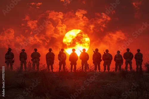 Silhouette of Soldiers Against a Fiery Sunset with Heavy Clouds and Dramatic Sky, Evoking Themes of Courage, Brotherhood, and Sacrifice in Military Service