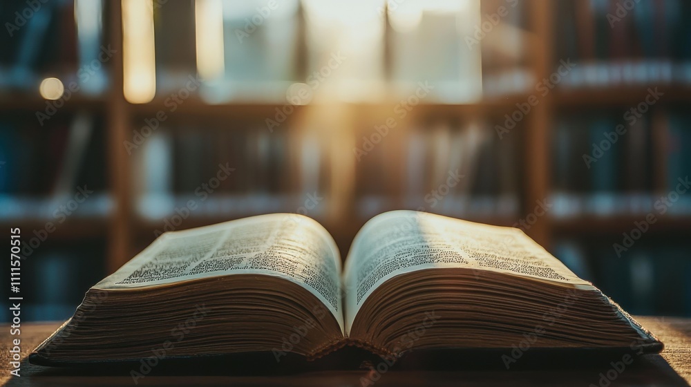 An open book resting on a wooden table, illuminated by soft sunlight, surrounded by shelves full of books in a cozy library. An open book resting on a wooden table, illuminated by soft sunlight, surrounded by shelves full of books in a cozy library.