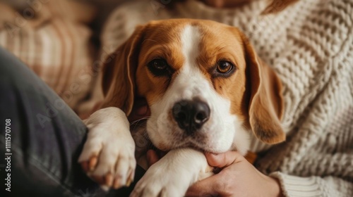 An unrecognizable pet owner gently petting a playful beagle puppy, highlighting pet adoption and love for animals.