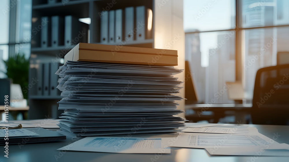Stacks of Property Investment Documents on a Desk in a Modern Office Setting With Natural Light Highlighting the Overhead Shelves and City View Stacks of Property Investment Documents on a Desk in a Modern Office Setting With Natural Light Highlighting the Overhead Shelves and City View