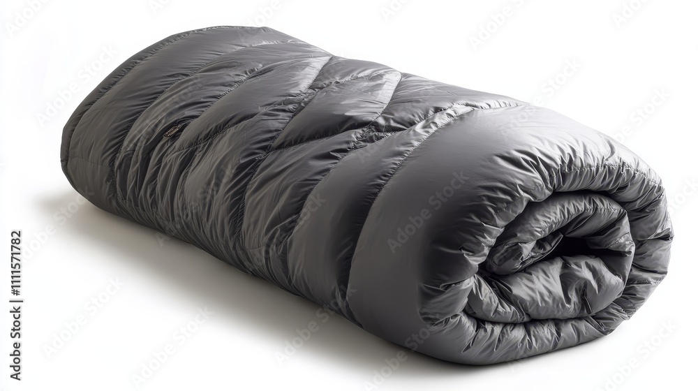 Winter Sleep Essential: Compact Insulated Sleeping Bag Rolled Up on White Background Winter Sleep Essential: Compact Insulated Sleeping Bag Rolled Up on White Background