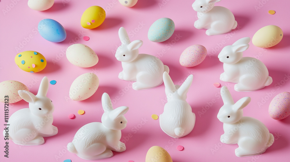 Festive display of white rabbits and colorful eggs for spring celebration Festive display of white rabbits and colorful eggs for spring celebration