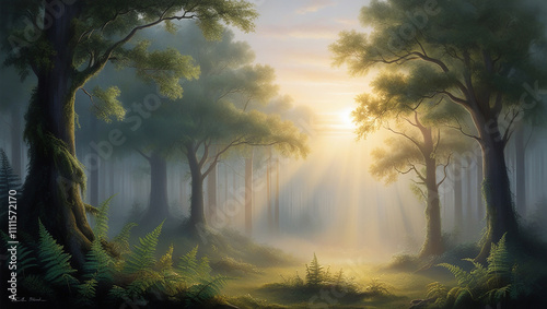 Sunrise over a forest, warm light filtering through the trees, tranquil nature scene, copy space for text.