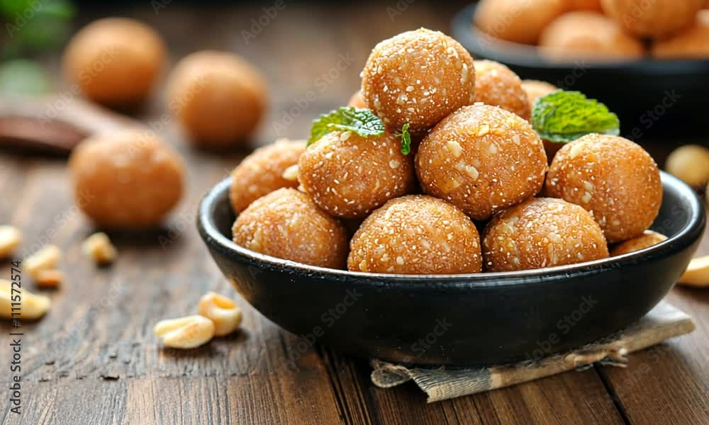 A bowl of round, golden sweets garnished with mint leaves. A bowl of round, golden sweets garnished with mint leaves.