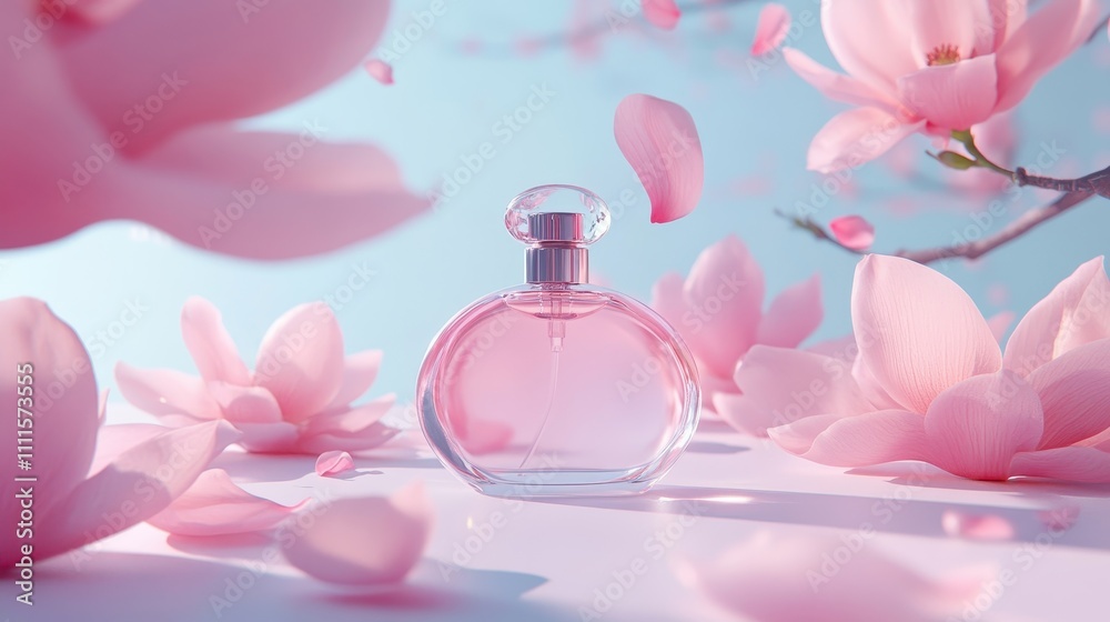 Elegant Perfume Bottle Surrounded by Blossoms Elegant Perfume Bottle Surrounded by Blossoms