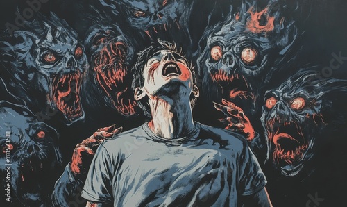 Person surrounded, menacing creatures, screaming, dark, intense.