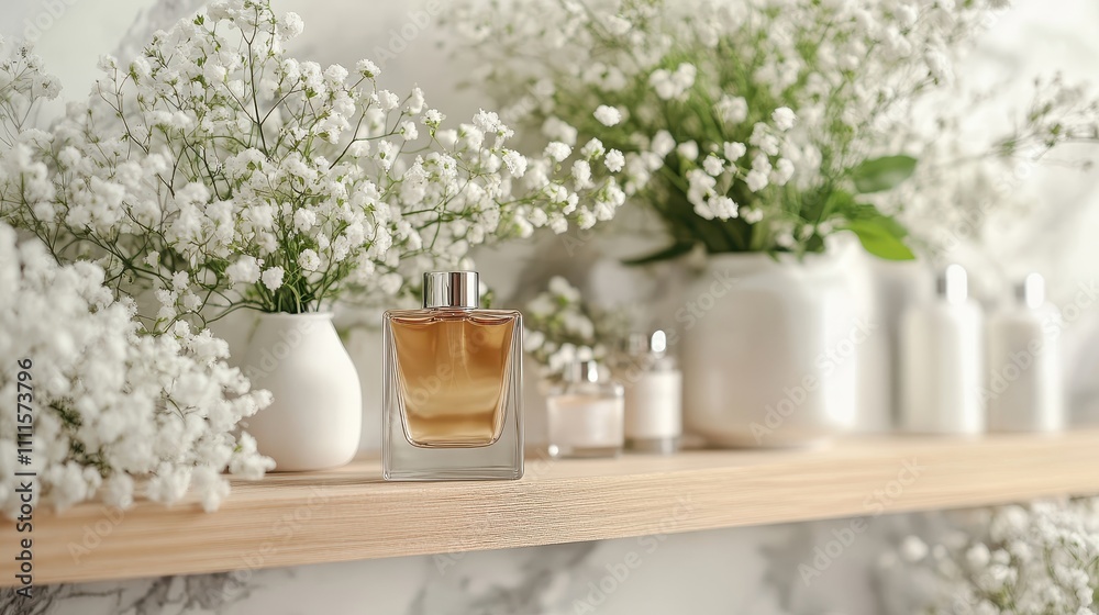 Elegant Display of Perfume Bottles with Flowers Elegant Display of Perfume Bottles with Flowers