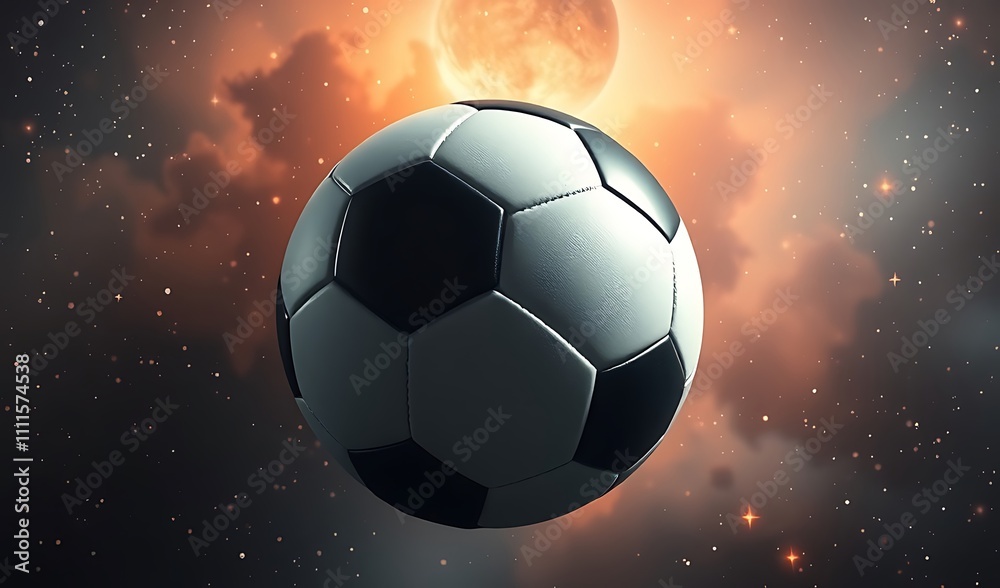 Naklejka premium Soccer Ball Floating Through a Cosmic Nebula. AI Generated