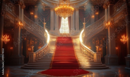 Opulent Grand Staircase in Luxurious Ballroom with Crystal Chandelier and Red Carpet photo