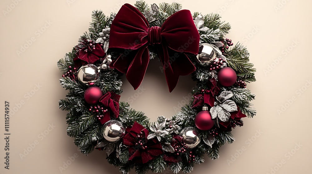 A festive wreath with deep burgundy velvet bows, polished silver bells, and sparkling crystal details, placed against a smooth cream-colored surface. Soft shadows add depth and a sense of warmth, A festive wreath with deep burgundy velvet bows, polished silver bells, and sparkling crystal details, placed against a smooth cream-colored surface. Soft shadows add depth and a sense of warmth,