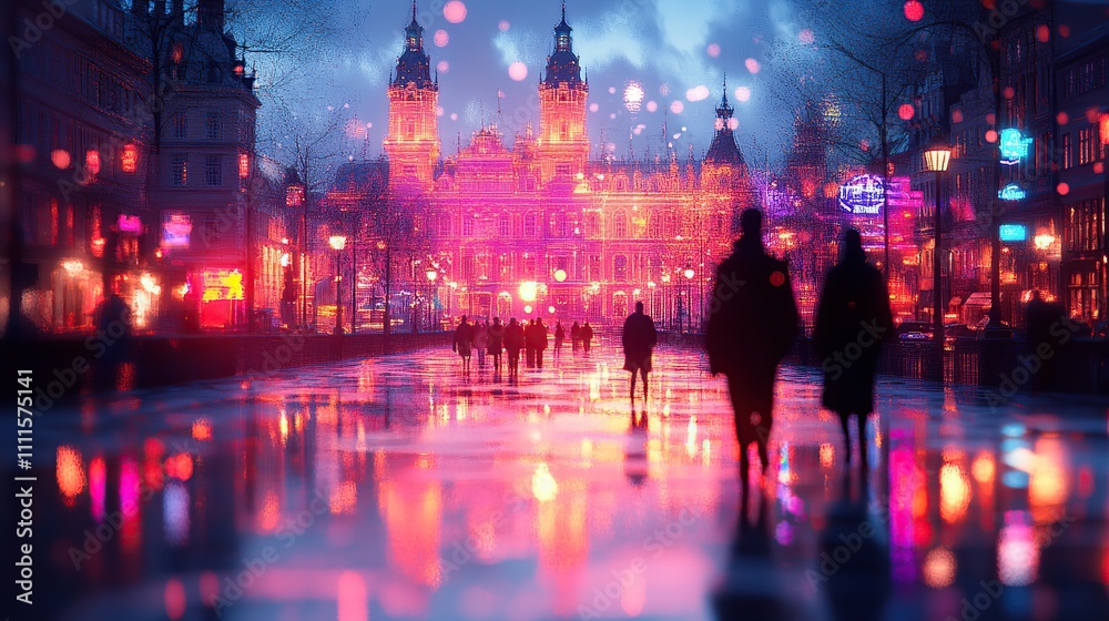 Couple walking city street at night, colorful lights reflected in wet pavement. Couple walking city street at night, colorful lights reflected in wet pavement.
