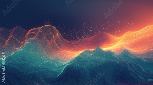 Abstract glowing wave landscape, vibrant teal and orange hues.