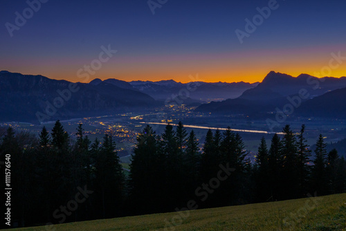 Inn Valley after sunset from Niederndorferberg (Tyrol, Austria). View over Ebbs, Kiefersfelden and Kufstein to the Kitzbühel Alps and Tauern in the background. photo